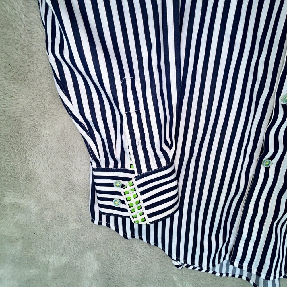 Robert Graham L Shirt Mens Large Navy Blue Striped Pink Flip Cuff Green Trim 100 - Picture 2 of 11